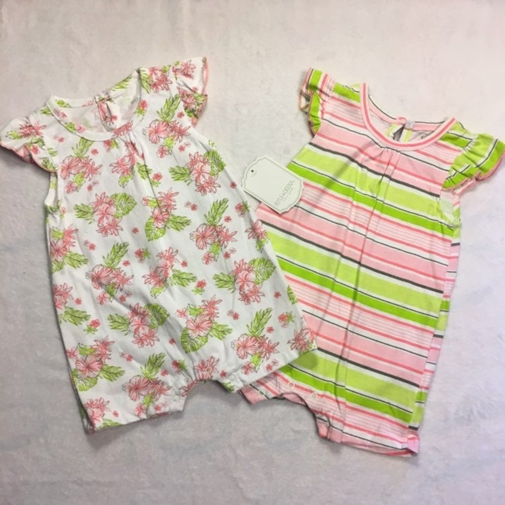Kyle & Deena Romper 2pk Baby Girl 3-6M Pink Green Floral Striped New